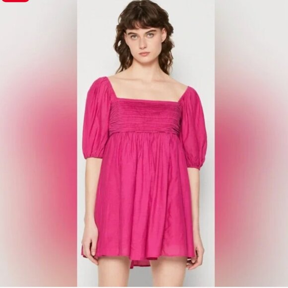 Abercrombie Magenta Pink Ruched Puff Sleeve Poplin Mini Dress - Picture 1 of 4